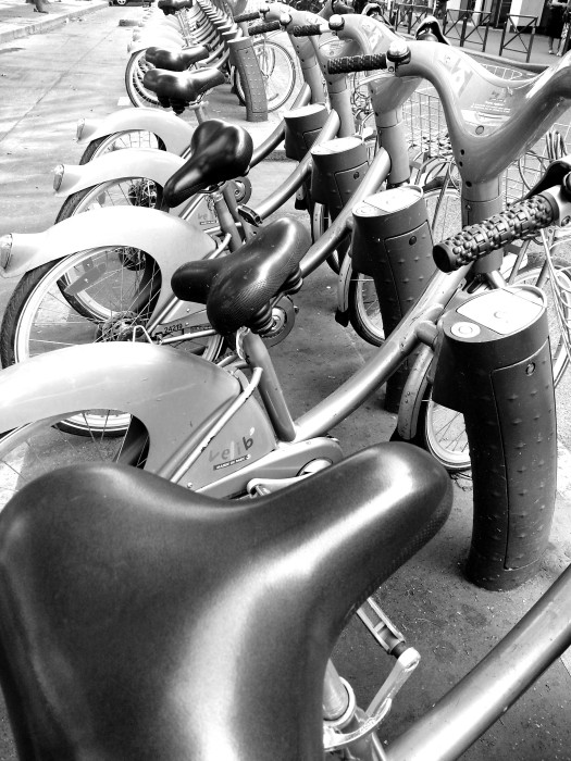 Paris Velib: The great thing about this photo is the backwards seat. When someone drops off a punky bike they reverse the saddle so the next rider knows it's unwell. Photo by Amy Beson