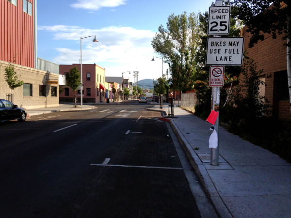 The historic downtown has installed Sharrows and 'Bikes May Use the Full Lane' signs throughout the area. 