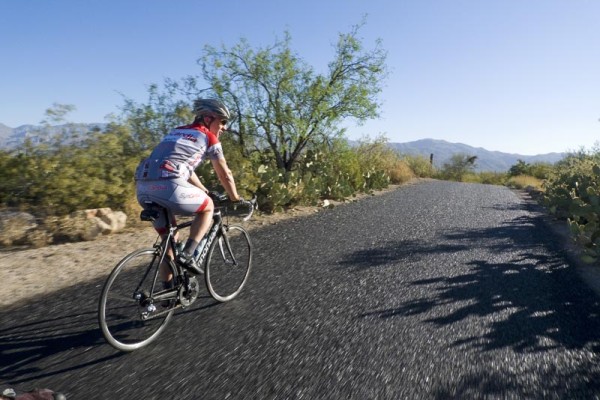 A cyclist rides through Saguaro National Park East.