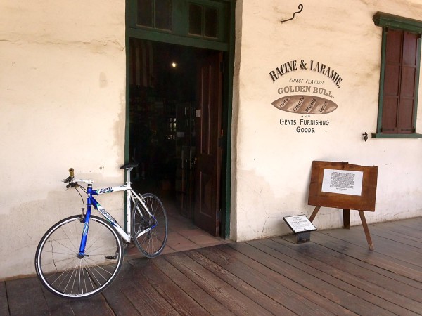 A bike leaning against the wall at Old Town San Diego. 