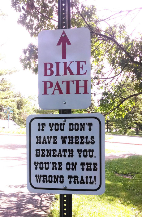 Although many of the separated paths in Minneapolis are "shared", many others are for cyclists only. But, not to worry, the ped path is generally just to the right or left of the bikeway.