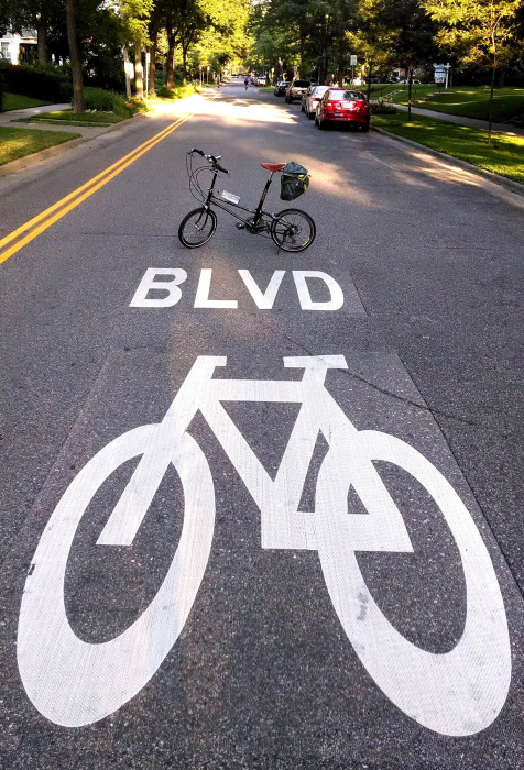 In Minneapolis they mark their bike boulevards like they mean it. This is a one way street. The part on the other side of the double yellow line is reserved for bicycles traveling in the opposite direction. 