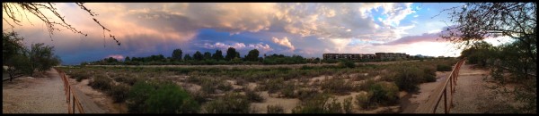 Monsoon rainbow and sunset, Rillito River Bike Path. Photo by Sandy Mallon, copyright 2014.