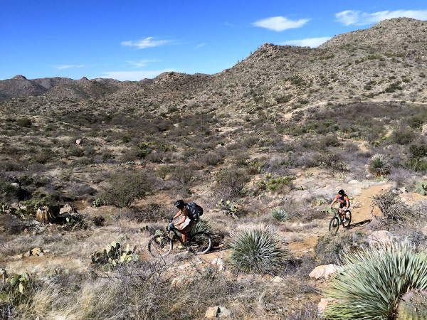 Cyclists ride up the Ridgeline Trail in the Tortalita Mountains