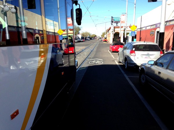 Harassment and passing too closely has been an issue since the streetcar began running last year. This 2014 photo shows a streetcar passing with less than three feet of space. 