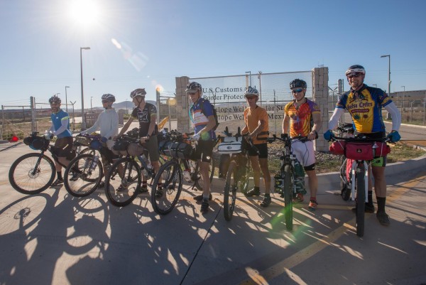 Mike Ingram, center. prepares to head north from Antelope Wells, NM. Photo by Paul Ingram. 